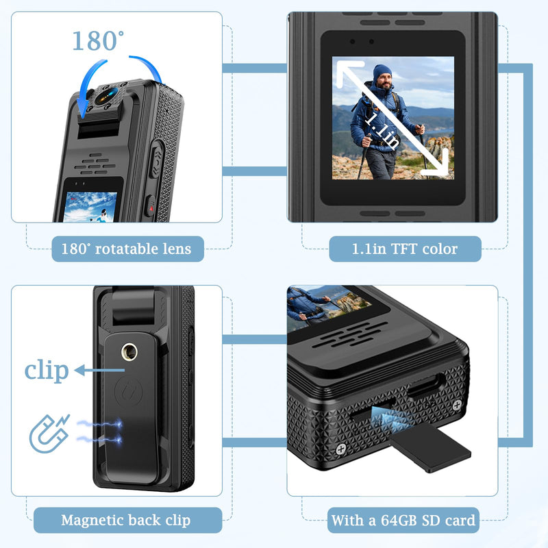 Valentines Gift Body Camera 2K BodyCam with Audio and Video Recording, Mini Camcorder with 64GB SD Card Night Vision Small POV Wearable Clip on Camera for Sports Police Vlog