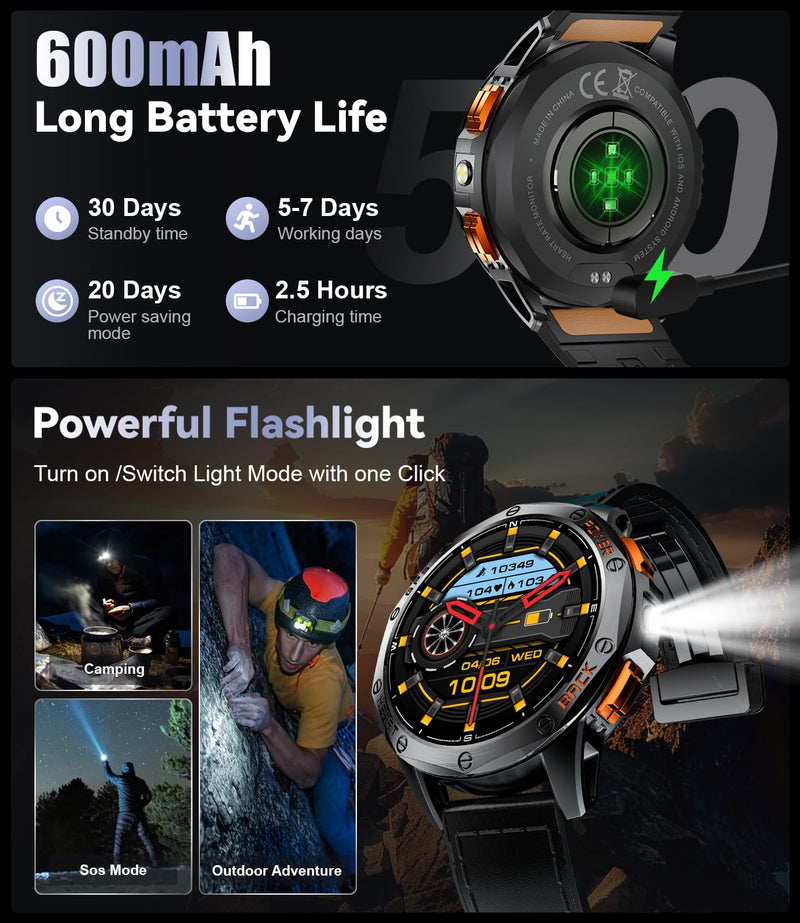LIGE GPS Smart Watch for Men, 1.43'' AMOLED Always on Display, LED Flashlight/Compass/45 Days Battery/IP68 Waterproof Smartwatch, 100+ Sport Mode, Rugged Smart Watches for Android iOS Black Orange