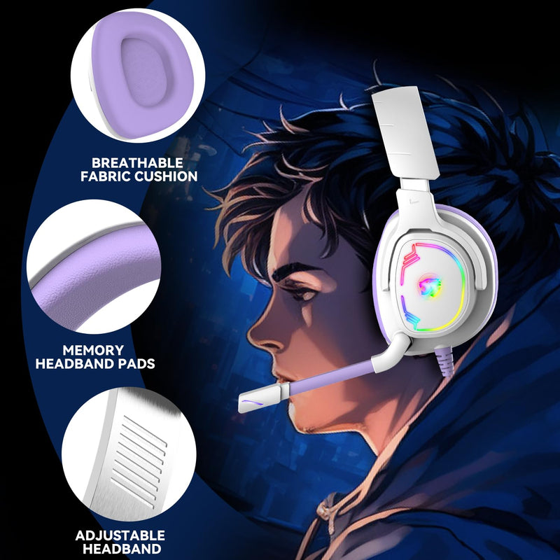 [AUSTRALIA] - Jimonyer Gaming Headset for PC/PS4/PS5/Xbox One/Switch, Stereo Surround Sound Gaming Headphones with Noise Canceling Flexible Mic, Computer Headset with 3.5mm Jack & RGB Light (WhitePurple) WhitePurple 