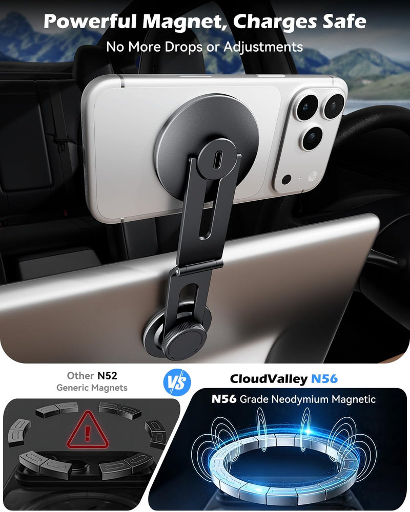 15W Charging Phone Mount for Tesla Model 3/Y, Magnetic Car Metal Holder | 360° Rotatable【Foldable & Extendable Hidden Design】 Tesla Screen Stand for 3/Y/Juniper/Cybertruck Accessories Wireless Charging