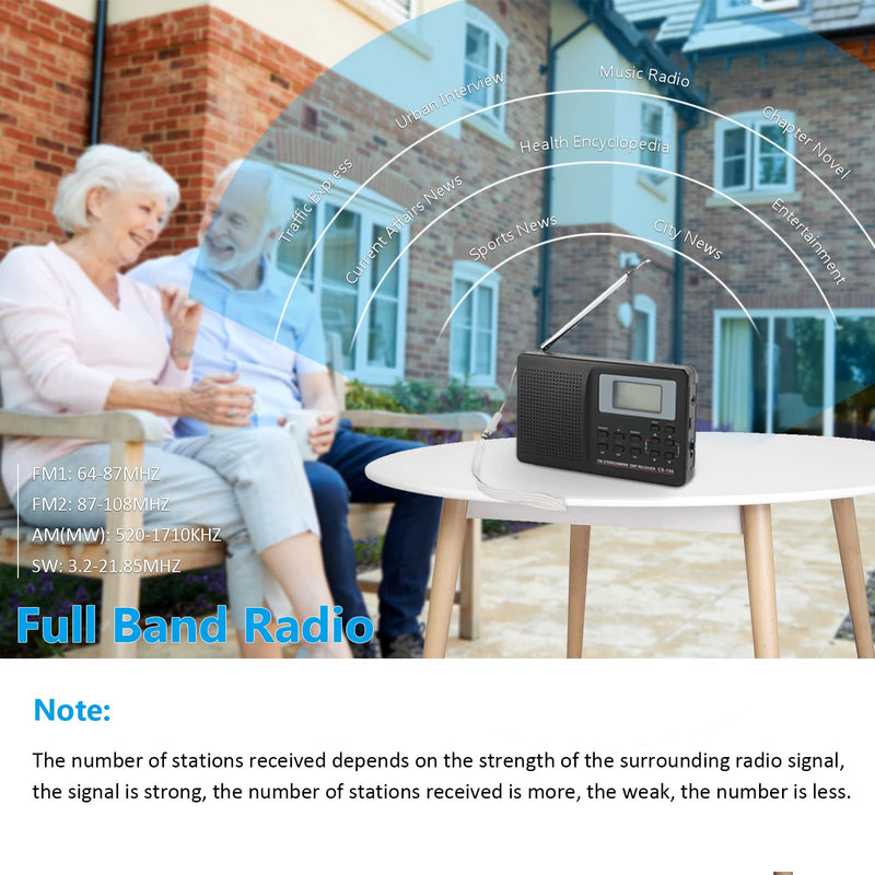 CS-106 Portable Radio - Mini FM/AM/SW/MW/LW/TV Full Band Receiver Radio for Worldwide Broadcasts with 3.5MM Earphone - Black