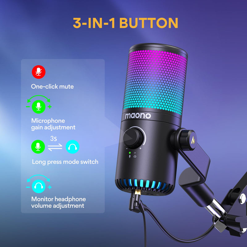 MAONO Gaming USB Microphone with Software, Programmable RGB Mic for Recording, Streaming, Podcast, PS5, PS4, PC, Computer, DM30 RGB Black