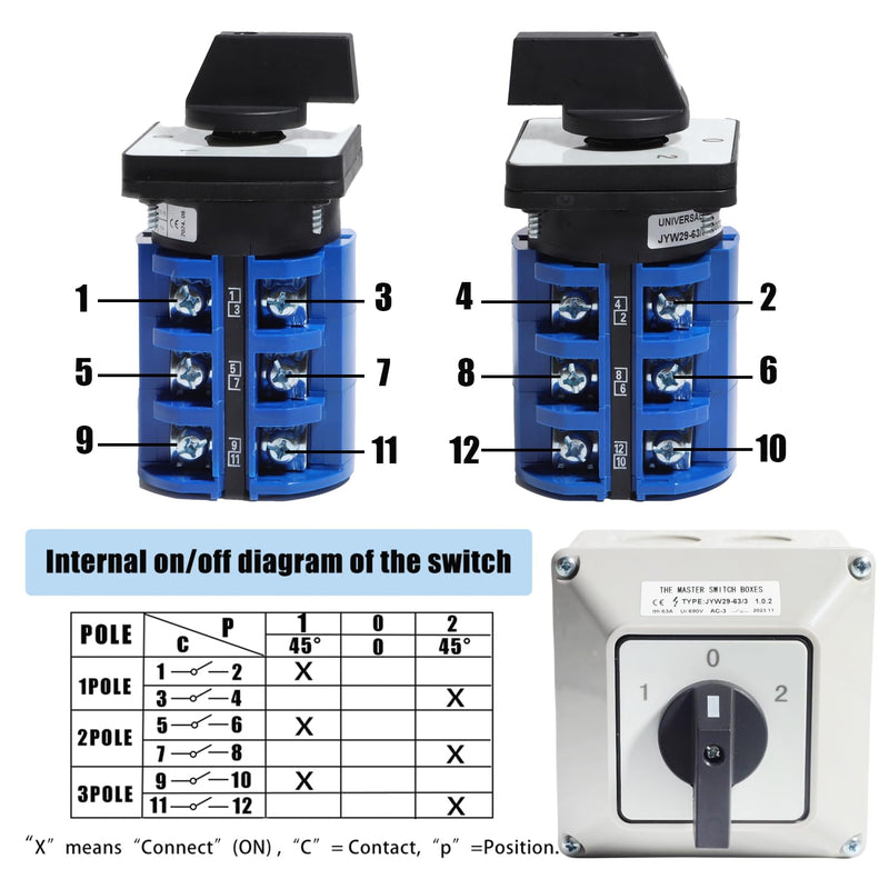 [AUSTRALIA] - 3 Phase Rotary Changeover Switch 690V 63A Universal Cam Conversion Switch 3 Position 12Terminal Main Switch Box JYW29-63/3 D303 