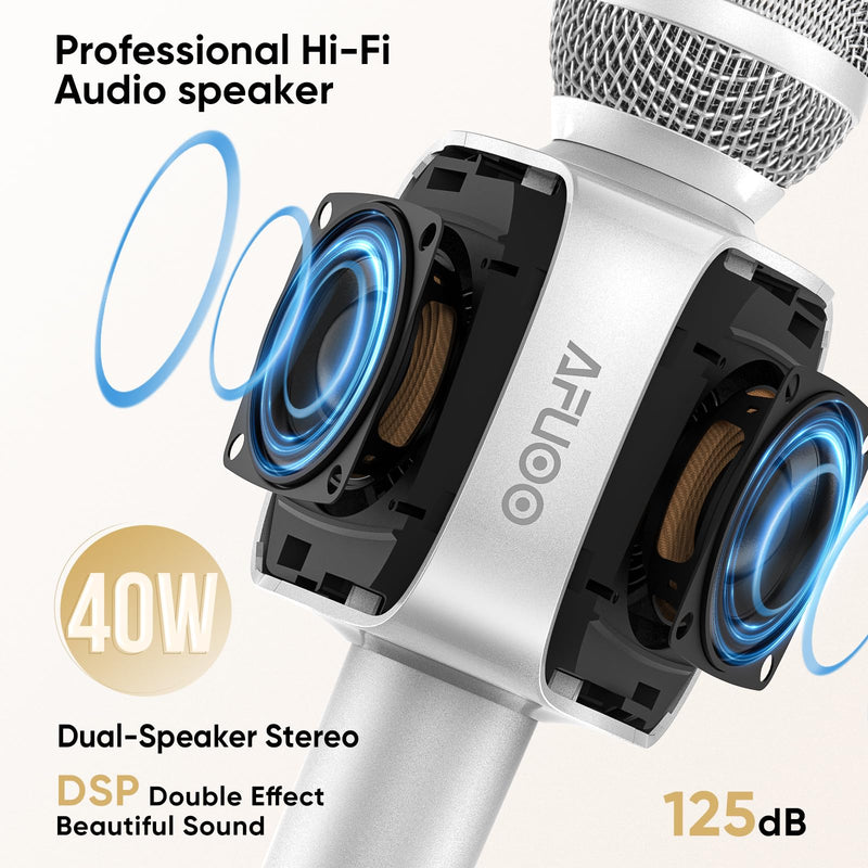 Wireless Bluetooth Karaoke Microphone Speaker for Adults, Karaoke Mic with Stereo Speaker for Smartphone, Tablet, Duet Singing Karaoke Mic for Speech, Home Party, Vocal Changer, Silver Included base