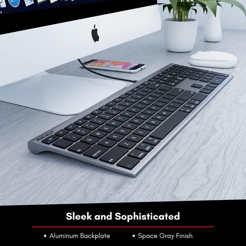 Macally Ultra-Slim USB Wired Computer Keyboard - Works Great as Both a Windows or Wired Mac Keyboard - Compatible Full Size Apple Keyboard with Numeric Keypad for Mac Mini, iMac, MacBook - Space Gray Space Grey