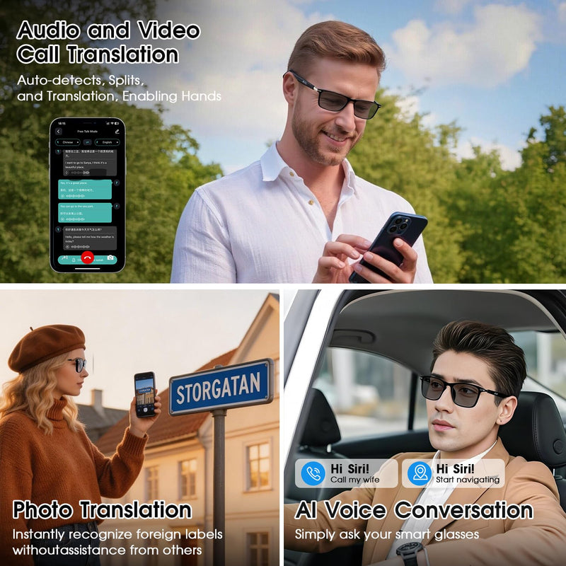 2026 Al Smart Glasses, Bluetooth Translation Glasses with 164 Languages | Color-Change Lens, Music & Call, IP65 Waterproof, Free App, Fashion Audio Glasses for Meeting Driving Travelling,Thin Temples Black-Photochromic lenses