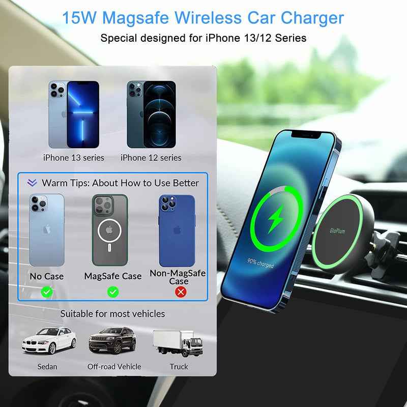 Magnetic Wireless Car Charger Mount Compatible with Magsafe iPhone 15/ iPhone 14/iPhone 13, Fast Charging Air Vent Magnet Accessories Car Phone Holder Gray
