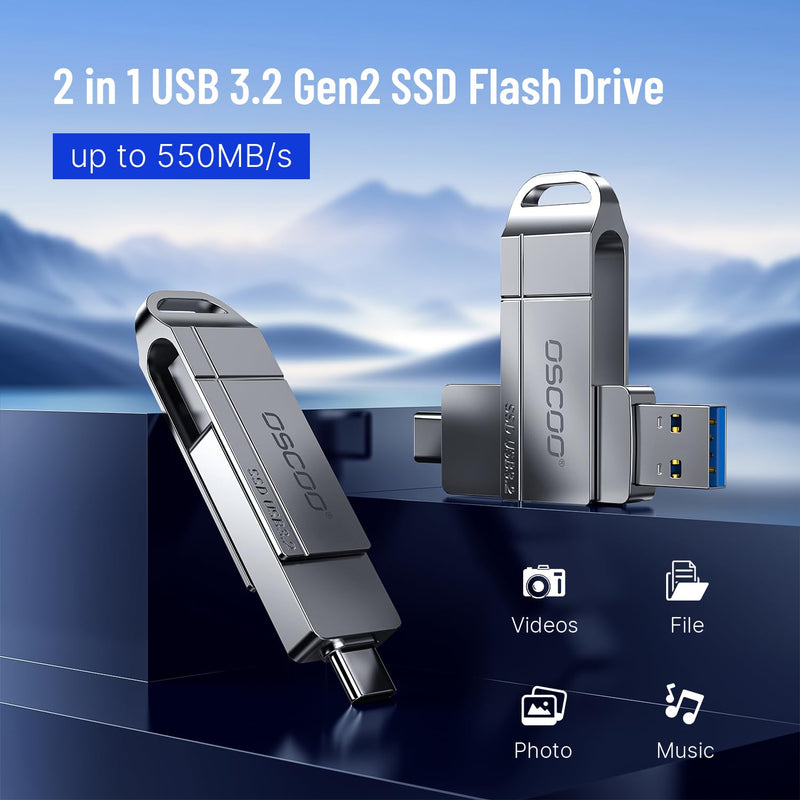 256GB USB SSD Drive, Up to 550MB/s Dual USB-A & C Thumb Drive | Compatible with Android, PC, Mac, iPhone 15/15/16, Backup, Dual-port, Zinc Alloy Housing, Swivel Design 256.0 GB 5Gbps