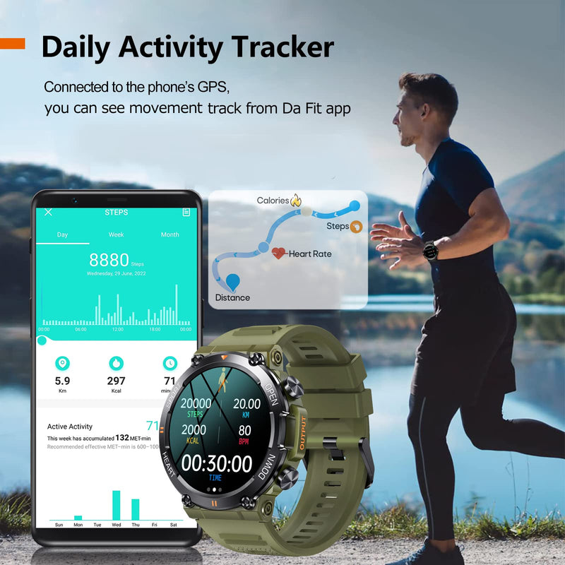 1.39" IPS Screen Smart Watches for Men Rugged Tactical Fitness Tracker with Call (Answer+Dial) Heart Rate SpO2 Sleep Monitor 120+ Sport Modes Waterproof Sport Smartwatch for Android iOS Black