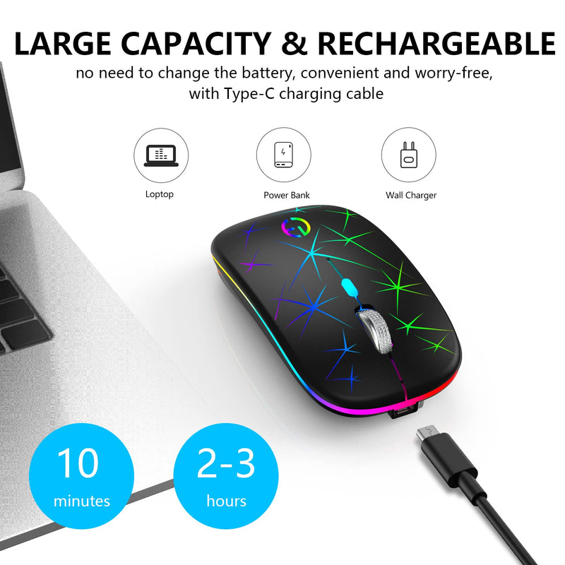 Wireless Mouse, 2.4G Portable Optical Quiet RGB Mouse with USB Receiver and Type C Adapter, 3 Adjustable DPI Levels, Wireless Computer Mouse for Laptop, Computer, PC, MacBook, Desktop Black