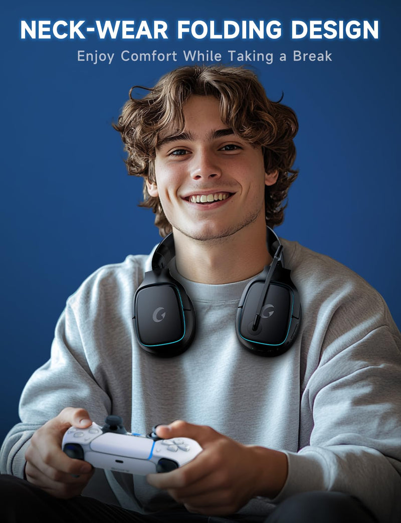 [AUSTRALIA] - Gvyugke 2.4GHz Wireless Gaming Headsets for PS5, PS4, PC, Switch - Bluetooth 5.3 Gaming Headphones with Noise Canceling Mic, 7.1 Surround Sound, 70H Battery, Blue Lighting - Matte Black 