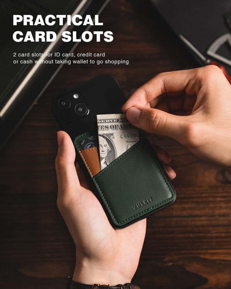 VULKIT Phone Card Holder Wallet Leather Adhesive Pocket RFID Blocking Credit Card Sleeves Stick Back of Phone Smartphones Green