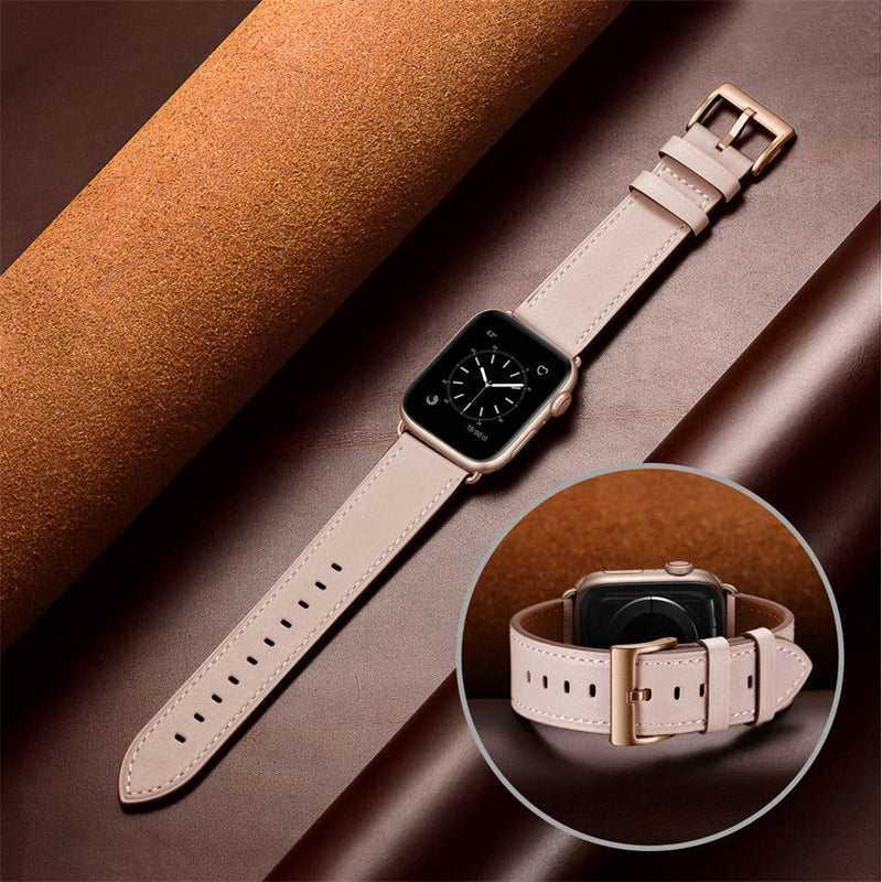 OUHENG Compatible with Apple Watch Band Genuine Leather Replacement Strap 41mm 40mm 38mm Black & Pink Sand