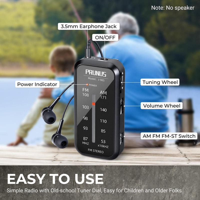 Pocket Radio Mini AM FM Stereo Radio Portable Battery Operated Radio, Includes Headphones, with Back Clip and Signal Indicator, Operated by AAA Batteries for Hurricane,Walking,Running,J-985 by PRUNUS Black