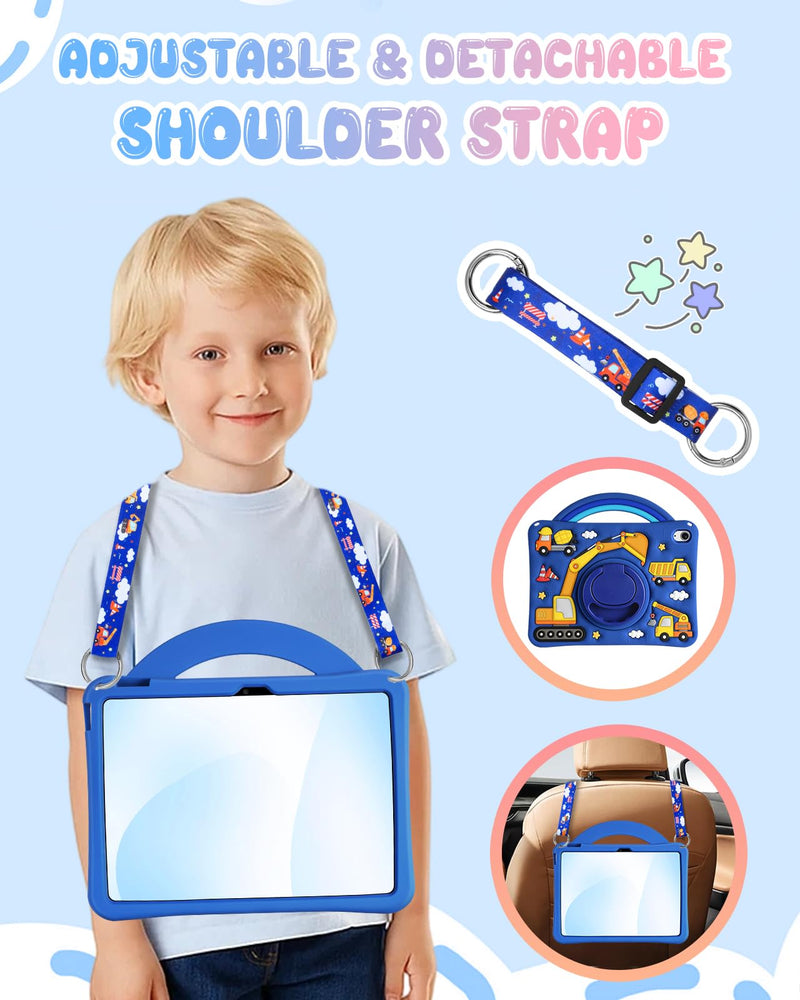 Wazzasoft for iPad A16 Case 2025 11 inch/for iPad 10th Generation Case 2022 10.9" - Cute 3D Silicone Cover with Adjustable Shoulder Strap, Rotating Stand & Handle for Kids Boys, Construction Truck