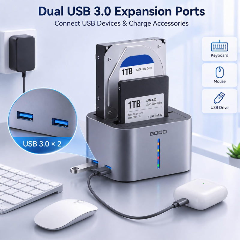 GODO 2.5/3.5" SATA Dual-Bay HDD Dock, USB 3.0 Hub, Clone, 20TBx2 Aluminum | Dual USB 3.0 Expansion Ports, Offline Clone Without PC, 5Gbps Transfer, Tool-Free Installation, Hot Swappable, LED Indicator
