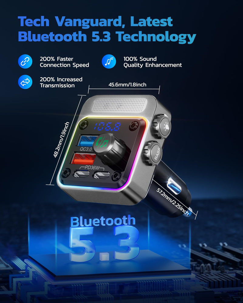 Nulaxy 54W Bluetooth 5.3 Car Adapter with 4 Charging Ports [PD 36W & QC3.0 18W], Wireless Radio FM Transmitter with Deep Bass Player & 5 Colors LED Backlit, Hands-Free Calling - Silver
