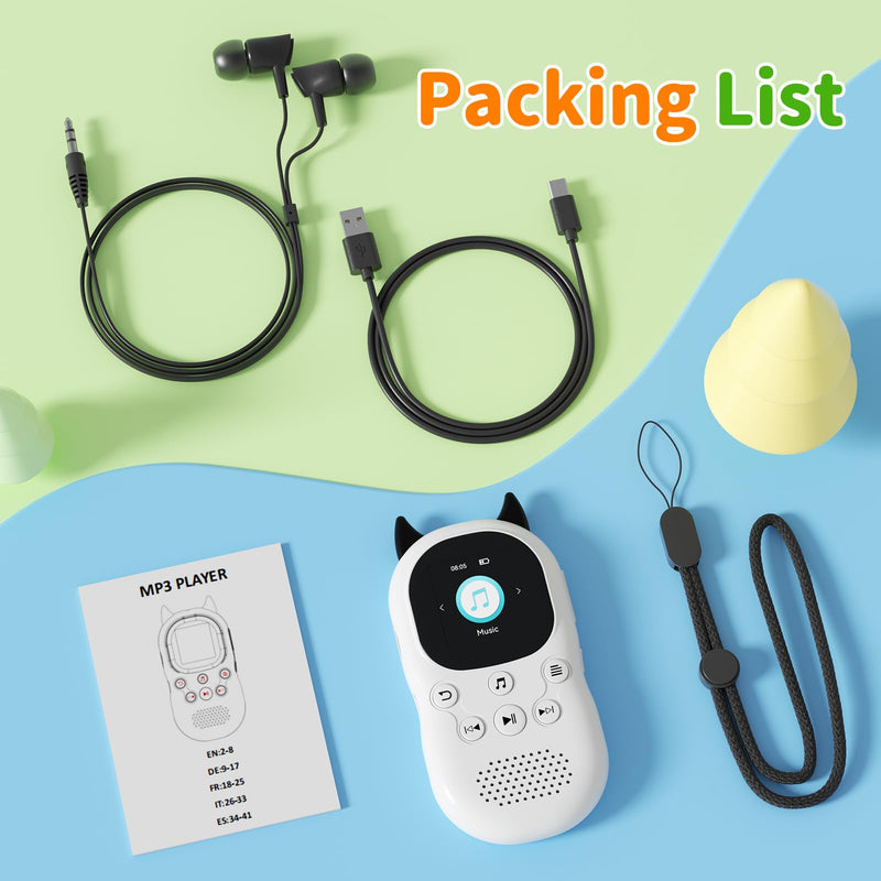 [AUSTRALIA] - 64GB mp3 Player for Kids with Bluetooth 5.3,Child Music Player with Speaker, FM Radio, Voice Recorder, Alarm Clock, Stopwatch, One Click to Play, Expandable up to 128GB,Cute Cow Shape, Free Lanyard Off-white 