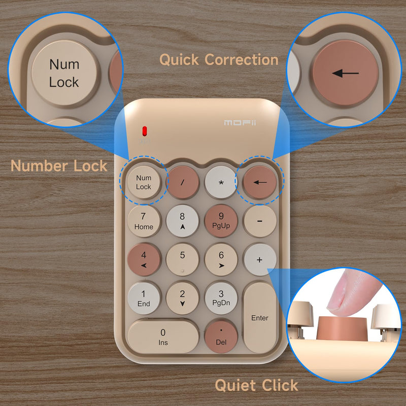 [AUSTRALIA] - MOFII Wireless Number Pads - MilkTea Numeric Keypad 18 Keys USB 2.4G Round Keycap Colorful Extensions Keypads, Financial Accounting Portable Numpad 10 Key for Laptop/PC/Notebook/Surface Pro 