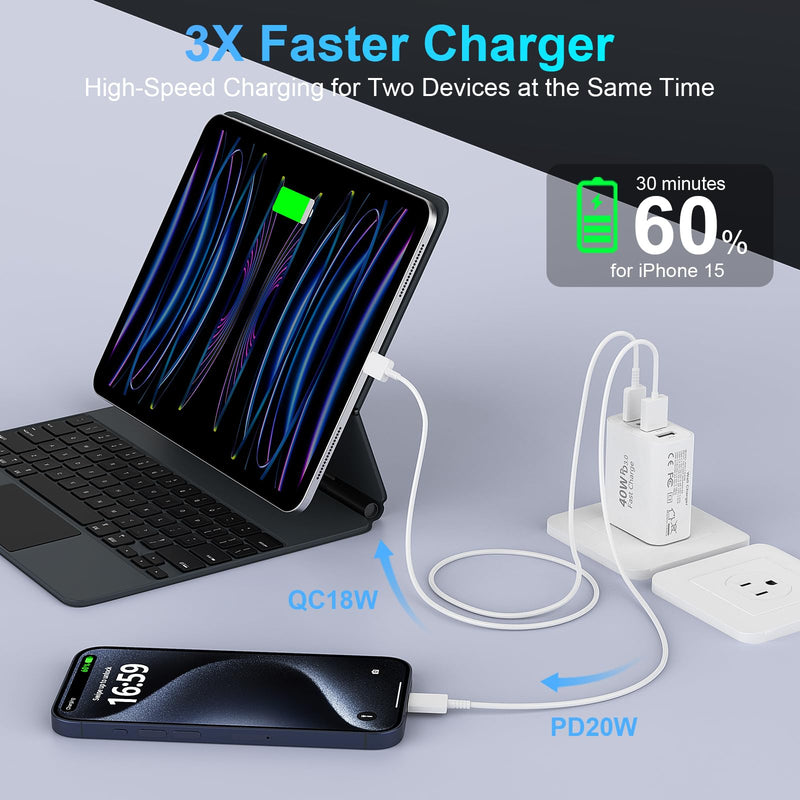 40W USB C Wall Charger Block,4 Port Type C Charger Fast Charging Brick Dual Pd & QC Fast Charger Cube Wall Plug Power Adapter for iPhone 15/14/13/12/11/Pro Max/XS/XR,iPad,Samsung,Pixel,2Pack White