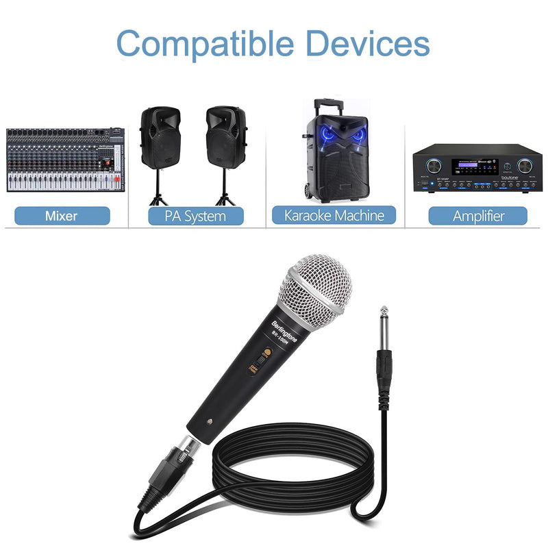 Dynamic Vocal Microphone - Metal Casing, Microphone for Singing, Speaking, Wired, 25ft XLR Cabel, Cardioid, with ON/Off Switch, Black/Silver