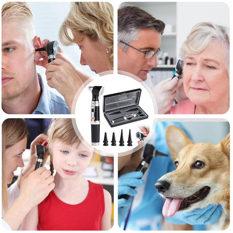 Otoscope with Light, Otoscope with Light with 3x Magnification and 4 Speculum Tips Size, 8 Ear Plugs Otoscope Set with Hard Plastic Case for Adults and Children and Pets Black