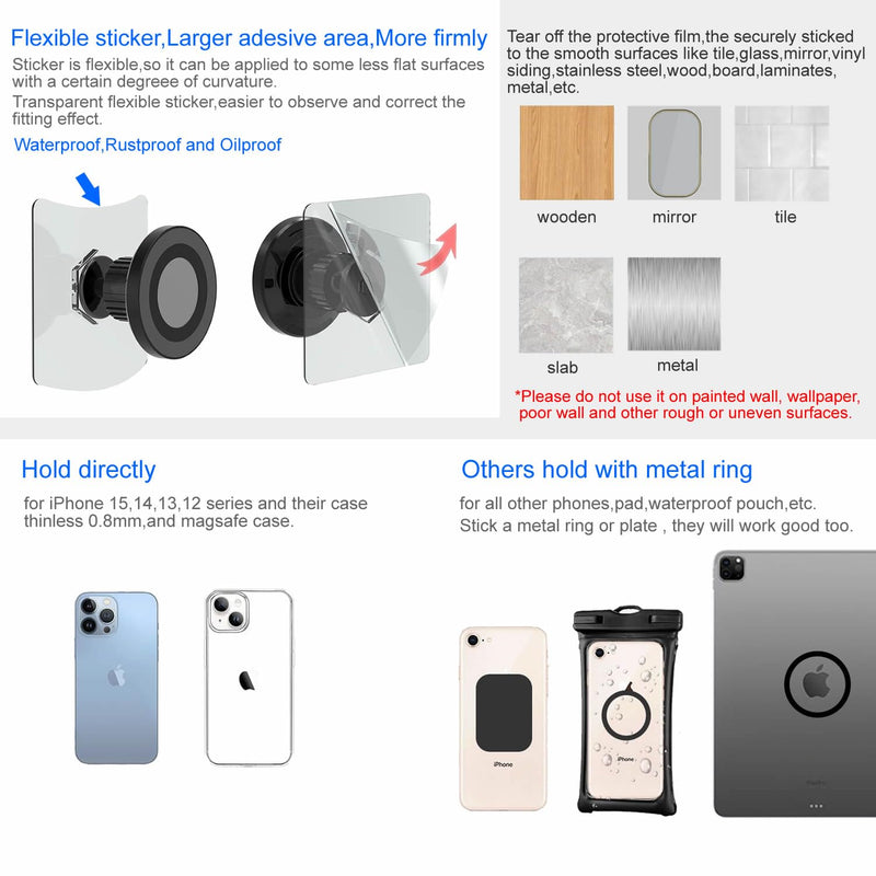 for MagSafe Wall Mount Magnetic Phone Holder, Self-Adhesive, Rotatable Ball, Waterproof, Compatible with iPhone 15/14/13/12 and All Phones, Shower Mirror Car Gym Bathroom Kitchen 1-PACK for Wall