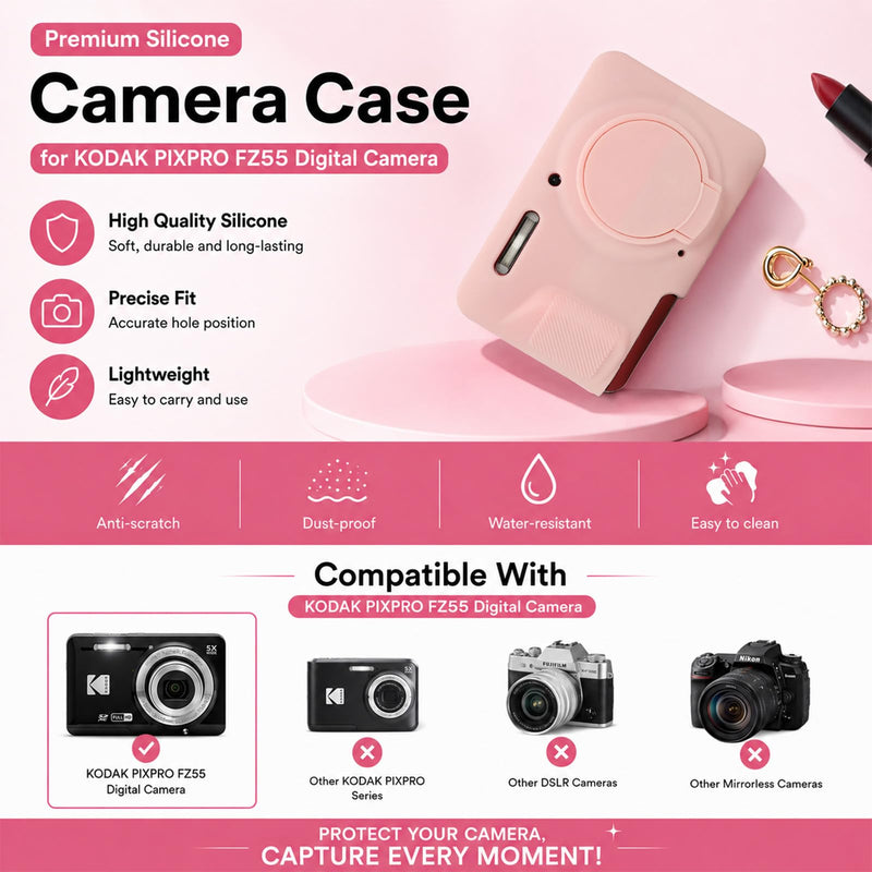 Case for Kodak PIXPRO FZ55 with Wrist Strap | Soft Silicone Protection case,Screen Protectors,Removable Lens Cover,Scratch-Resistant Slim Lightweight SmokedPink