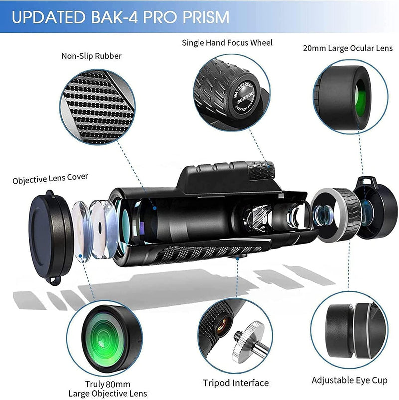 80x100 Monocular-Telescope High Powered for Smartphone Monoculars for Adults High Definition Monocular Telescope for Stargazing Hunting Wildlife Bird Watching Travel Camping Hiking black