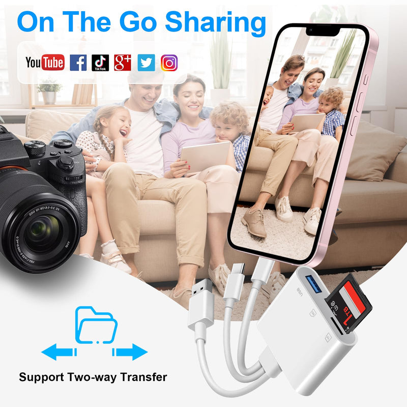 SD Card Reader for iPhone iPad Mac, 3 in 1 Memory SD Card Adapter, USB C & Lightning & USB-A Digital Camera Adapter to iPhone with SD/MicroSD/USB OTG Slots, High-Speed Plug & Play for Computer Laptop