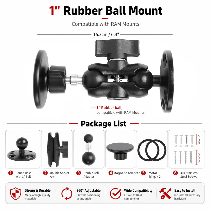 1" Ball Magnetic Phone Mount for Boat/Truck/Car, Aluminum Alloy Short Arm & Base, Double Ball Joint, Screw-Mounted AMPS Round Base Phone Holder for Magsafe iPhone 17 16 15 14 13 12 Series Total length 5"