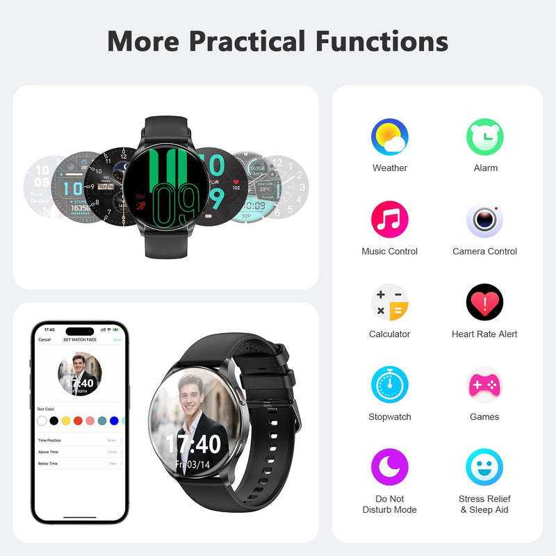 Blackview Smart Watch for Women Men (Make/Answer Calls),1.43''AMOLED Touchscreen Fitness Tracker with 100+ Sports Modes, Heart Rate/SpO2/Sleep Monitor/2 Straps, Smartwatch for iPhone & Android W40-Black
