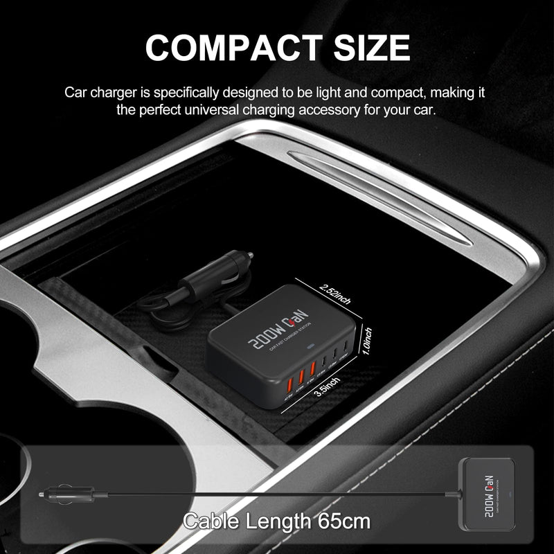 Dzytnsy 200W Car Fast Charging Station,6 Ports, Compatible with MacBook pro/Air/M5 M4 M3 M2 M1/Dell/Lenovo/HP,for iPhone 17/16/15 Series,Samsung Galaxy S26/S25 Ultra/S24 Series and More
