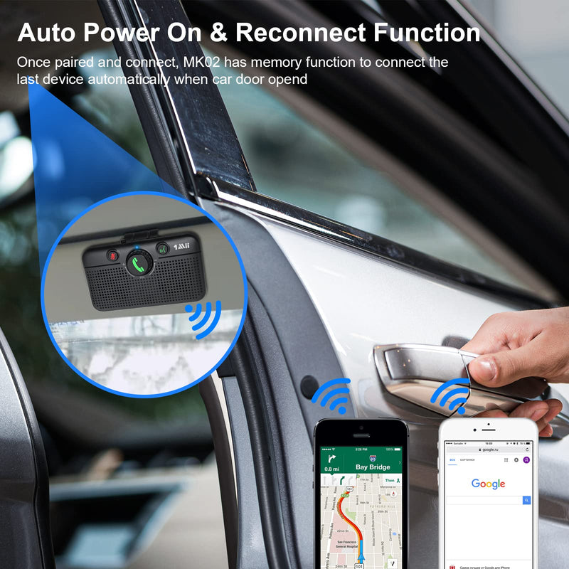 1Mii Bluetooth 5.3 Car Speaker, Handsfree Bluetooth Speakerphone for Cell Phone, Motion Auto On, Support Siri Google Voice Assistant for Android and iOS, Bluetooth 5.3 Car Kit with Visor Clip MK02