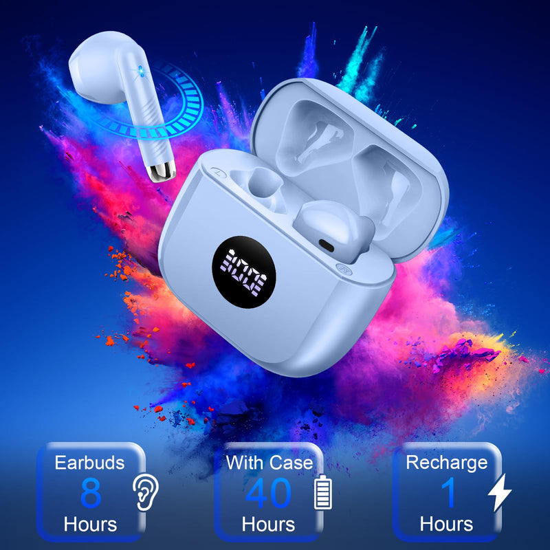 Jxrev 2 Pack Purple and Rose Wireless Earbuds, Bluetooth LED Power Display Headphones Bass Stereo, in-Ear Noise Cancelling Mic, 40H Playback Mini Case