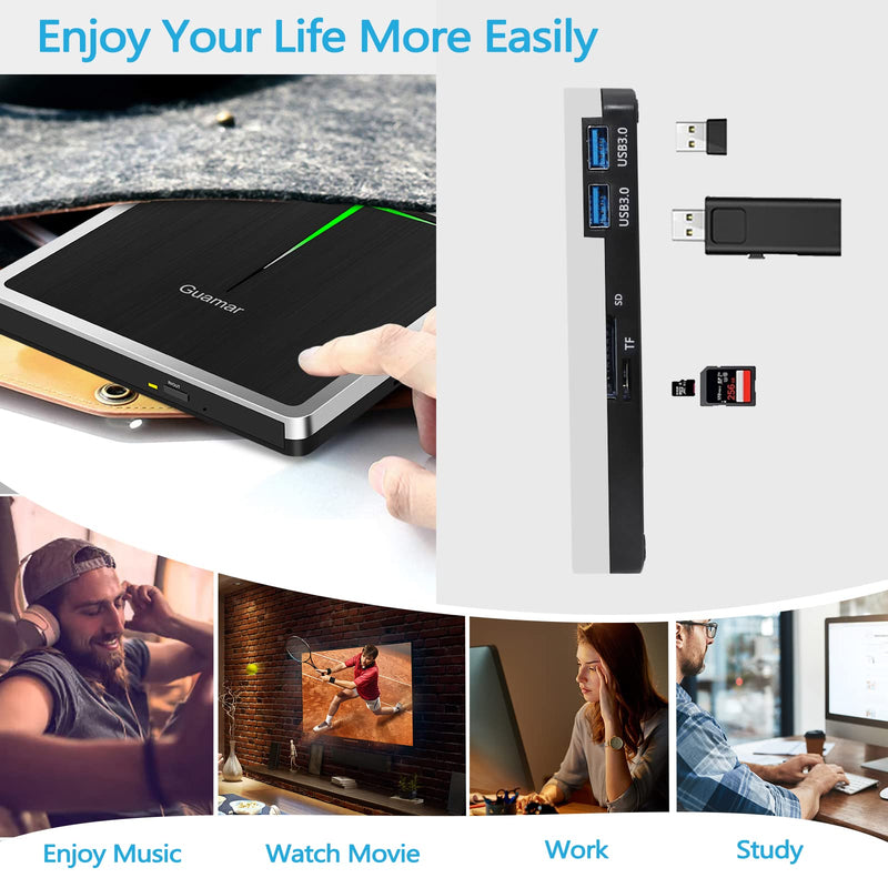 Guamar External DVD Drive for PC: USB-C CD Burner Player for Laptop Mac Windows 11 with SD/TF Slot/2 USB Ports/Carrying Case Read Write Music/Movie/Photo Portable Plug & Play Silver