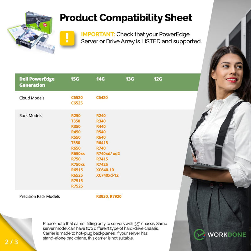 WorkDone 3.5 inch Drive Caddy with 2.5 inch HDD Adapter - Compatible for Dell PowerEdge Servers - R740 R640 R540 R440 R340 R550 R450 R650xs R750xs - Bright LED Tray - with Detailed Setup Manual