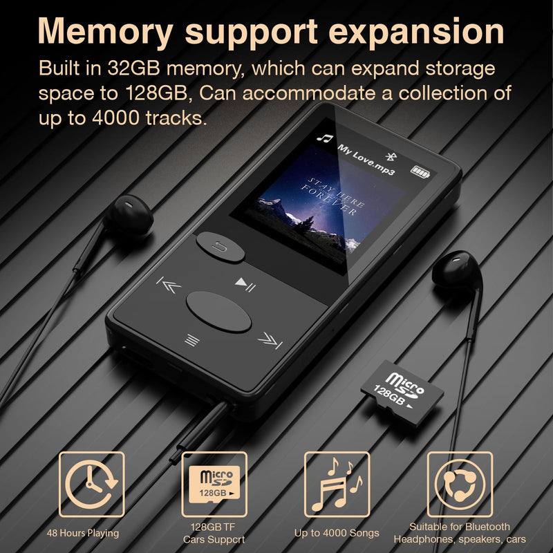 [AUSTRALIA] - Mp3 Player with Bluetooth 5.3 HiFi Sound, Mp3 Player with FM Radio, Mini Music Player 32G for Kids Adults, Earphones Included, TF Card can be Inserted 