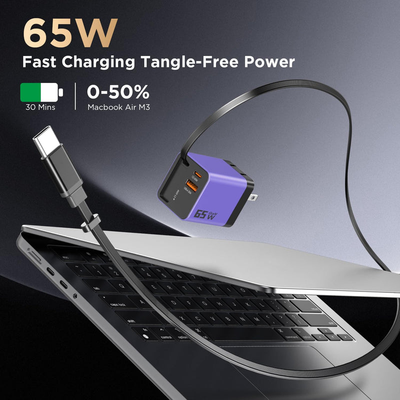 65W GaN USB C Charger 3-Port with Retractable 0.7m Cable(Purple) | Fast charging plug compatible with MacBook Pro/Air, iPhone 17/16/15, iPad, Galaxy S25/S24, Steam Deck and more devices Purple