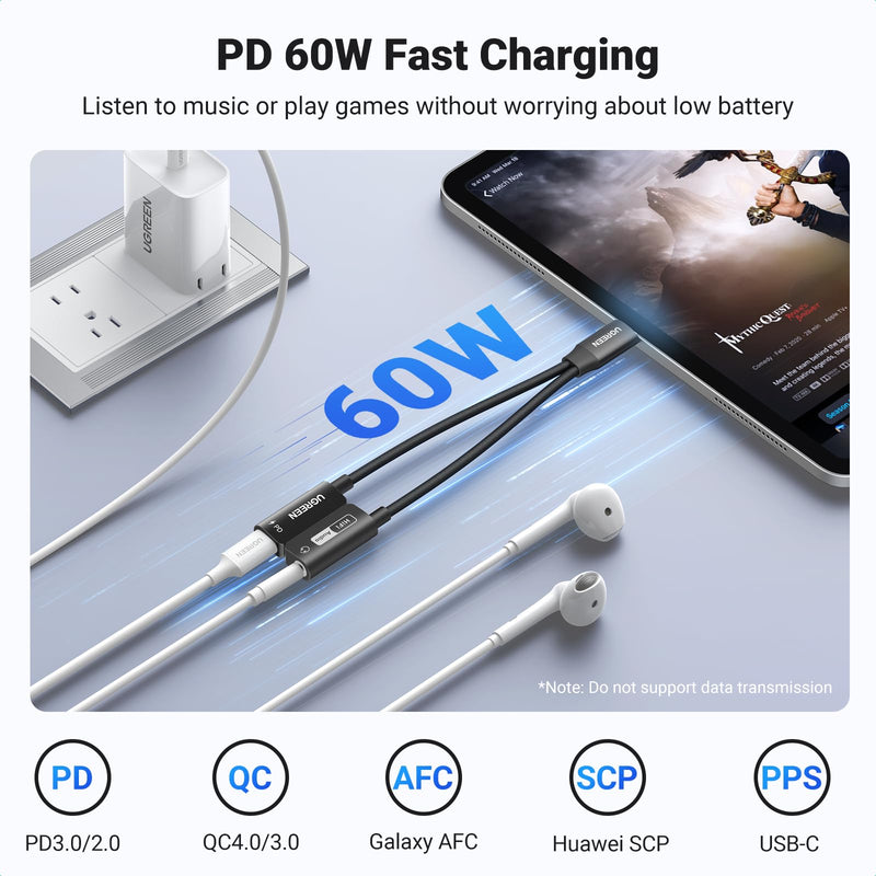 UGREEN USB to 3.5mm Jack Audio Adapter USB Sound Card Support Mic TRRS Headphone Bundle Magnetic USB C to 3.5mm Audio Adapter and PD 60W Charger 2 in 1