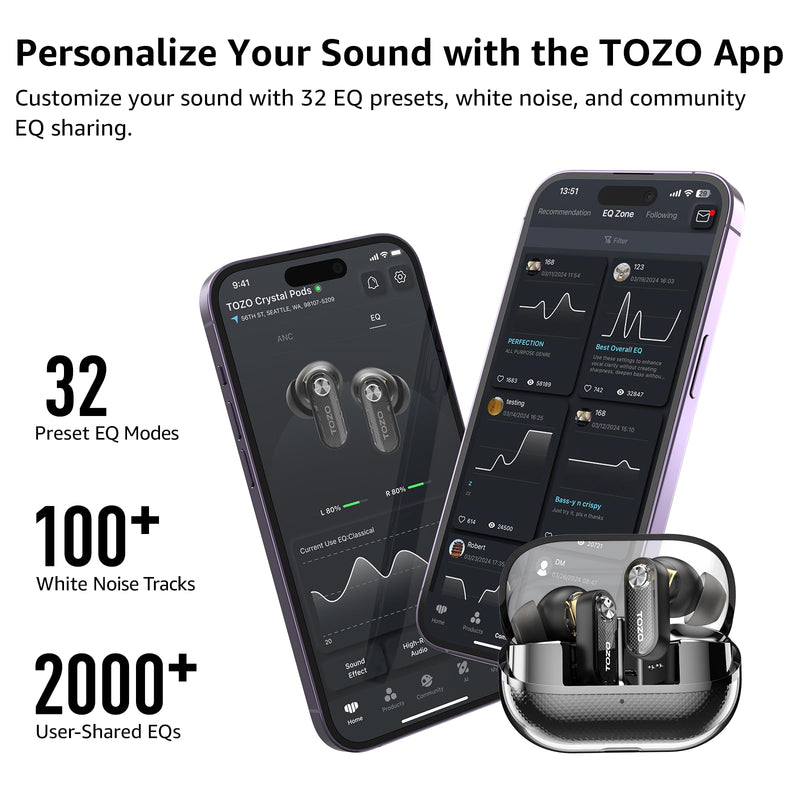 TOZO Crystal Pods Hybrid Active Noise Cancelling Wireless Earbuds, Black | 10mm Drivers Deep Bass, 4 Mics Smart ENC AI Calls, Real-Time AI Translation, 32 EQ via App, Bluetooth 5.4, 70H,Crystal Design