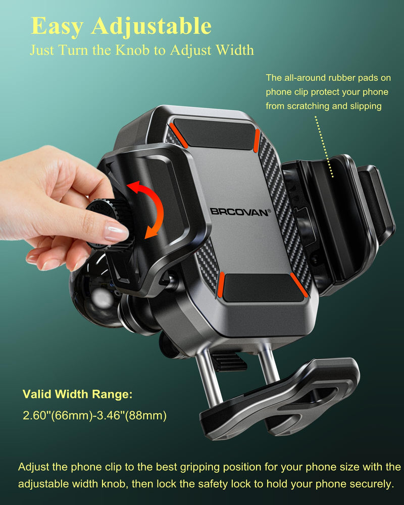 BRCOVAN Anti-Theft Phone Mount Holder with Vibration Dampener, 1s Locking | Don't Block Camera, with Aluminum Round Base & Medium Arm, for Car Boat Truck Motorcycle UTV, Fit 5.4-7.2'' Smartphones
