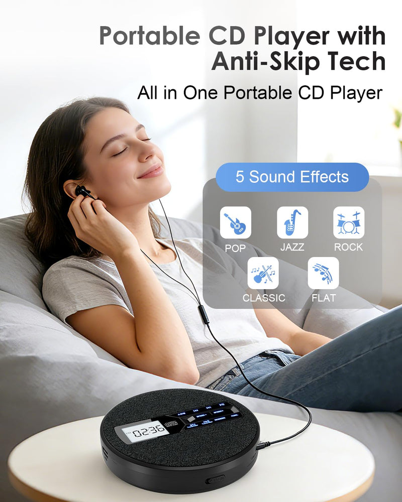 [AUSTRALIA] - Portable CD Player for Car with FM Transmitter, Rechargeable Small CD Player with Bluetooth & Dual Speakers for Home, Anti-Skip, Resume Playback, AUX/USB, Backlit LCD Display, Headphones 