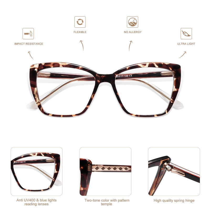 AMOMOMA Trendy TR90 Oversized Blue Light Reading Glasses Women,Stylish Square Cat Eye Glasses AM6031 C1.black+c6.tortoise 1.5 x