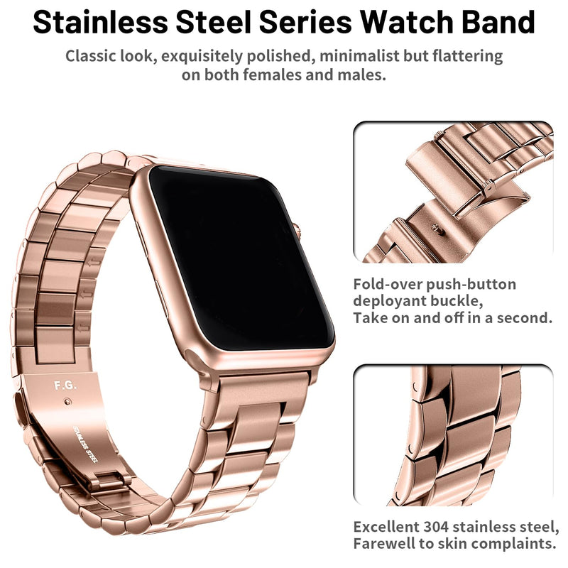 Fullmosa Compatible Stainless Steel Apple Watch Band 44mm/45mm/42mm Rose Gold with Case & Compatible Leather Apple Watch Band 44mm/45mm/42mm,Black