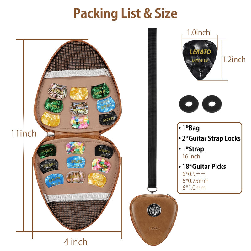 LEKATO Guitar Picks Holder Case with 18 Pcs Picks, PU Leather Organizer Bag with Lanyard, Thin Medium Heavy Plectrums Holder Accessories for Acoustic Electric Guitar Bass, Gift for Guitar Players Brown