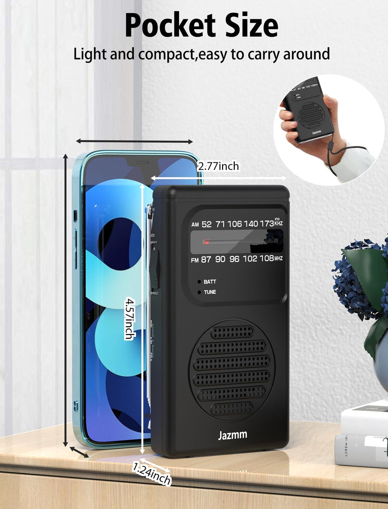Portable Radio AM FM,Battery Operated Radio with 3W Large Speaker,Transistor radios with Best Reception,Pocket Radio with Back Clip,Flashlight,3.5mm Earphone Jack,Tuning Light,Gift for Elder Black
