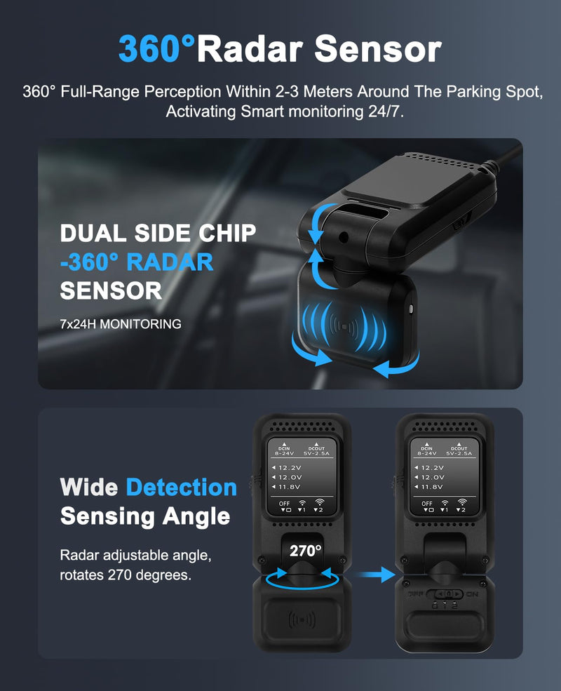 USB-C Dash Cam Hardwire Kit with 360° Radar & 24H Parking Monitor | USB-C hardwire kit with dual 360° radar, 24H parking monitor, low voltage protection and 12V-24V compatibility.
