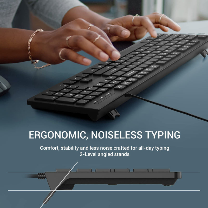 Computer Keyboard Wired, Plug Play USB Keyboard, Low Profile Chiclet Keys, Large Number Pad, Caps Indicators, Foldable Stands, Spill-Resistant, Anti-Wear Letters for Windows Mac PC Laptop, Full Size