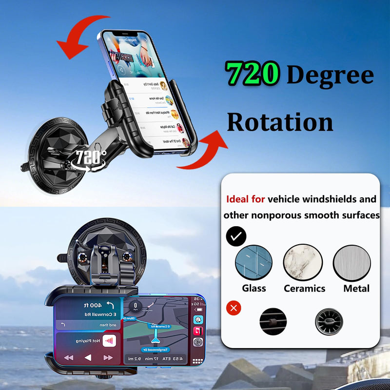 LOKTENWO Car Phone Holder Mount with Vibration Dampener | [Camera Friendly] [1s Lock & Release] Twist-Lock Suction Cup Base for Vehicle Windshields, Fit 5.4''-7.2'' Smartphones